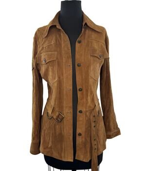 Blue Deep Tan Camel Safari Jacket Suede Belted Collared Front Button 42 ITALIAN